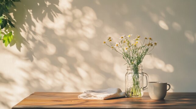 Mason jar with wildflowers on reclaimed wood table and linen accents in soft farmhouse light for cozy decor visuals - Powered by Adobe