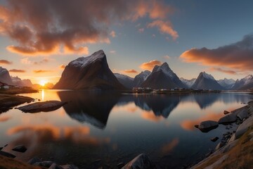 Panorama of beautiful sunrise in Norway