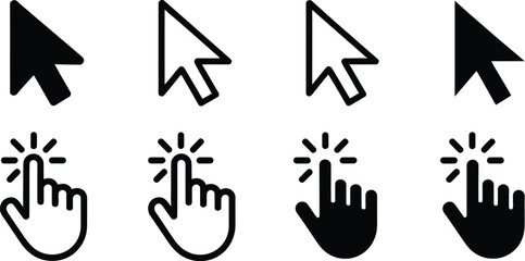 Obraz premium Collection of cursor icons, including arrow and hand pointer symbols for user interface design.