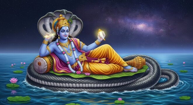 Lord vishnu is resting on shesha naga in the cosmic ocean