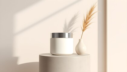A minimalist still life featuring a white jar and decorative vase on a pedestal.