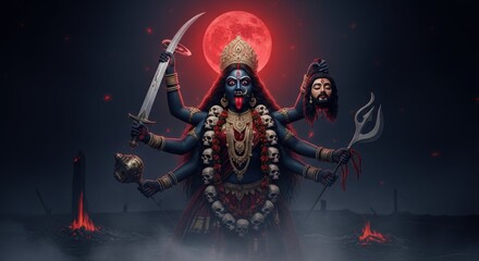 Illustration of hindu goddess kali with sword and severed head