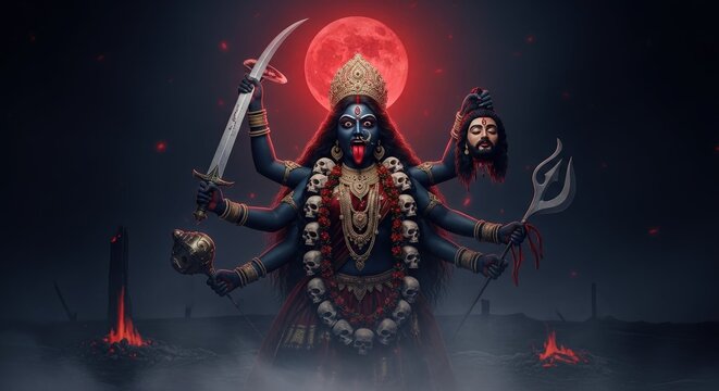 Illustration of hindu goddess kali with sword and severed head