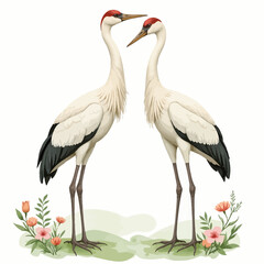 Elegant white cranes standing together amidst blooming flowers  