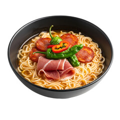 Spicy Noodle Soup with Chorizo Ham and Peppers in Black Bowl.