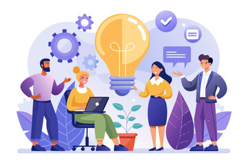 Diverse team collaborating on a bright idea with a giant lightbulb