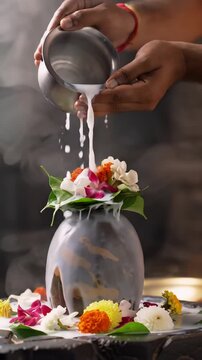 Close-up of Shivling pooja with milk, flowers, and bael leaves being offered, slow motion, soft devotional music, misty temple background