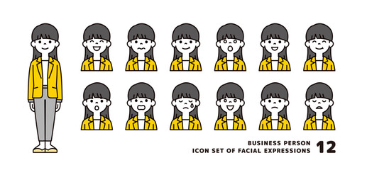 若いおしゃれなビジネスウーマンの、いろいろな表情のアバターアイコン素材セット＿ベクター