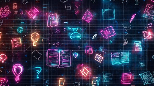 Colorful neon illustrations of various educational elements create an engaging background in a creative and vibrant space