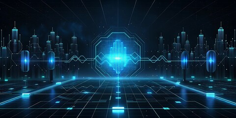 Futuristic digital cityscape with glowing blue lights and network connections.