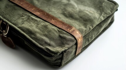 Stylish green canvas bag with leather accents showcased on a neutral surface