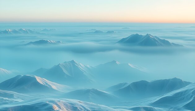 Aerial view of snow-capped mountains emerging from a sea of fog under a soft, pastel sky. - Powered by Adobe