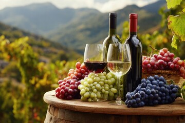 Fototapeta premium Wine bottles and glasses with grapes on rustic wooden barrel, scenic vineyard backdrop