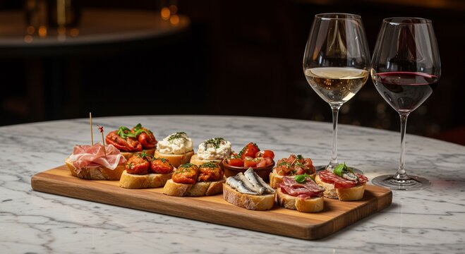 Appetizers and wine selection on wooden board