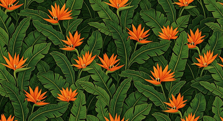 Tropical floral pattern showcases orange bird of paradise blooms and vibrant green banana leaves, creating an exotic botanical repeat.