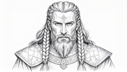 Black and White Illustration of a Viking Warrior with Braided Hair