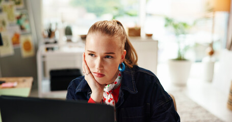 Thinking, creative and woman with laptop at house for planning, research and feedback on article....