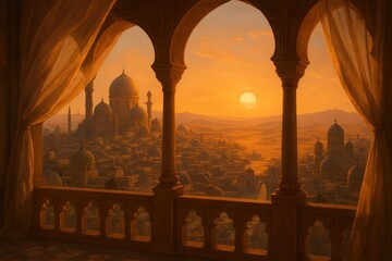 Naklejka premium Cityscape Sunset From Balcony