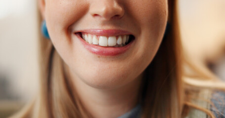 Smile, dental and mouth with closeup of woman for oral hygiene, teeth whitening and pride....
