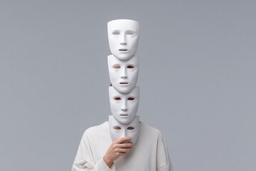 A person struggles to hold a teetering stack of social masks. This image symbolizes the exhaustion of code-switching and managing multiple identities. Ideal for sociology