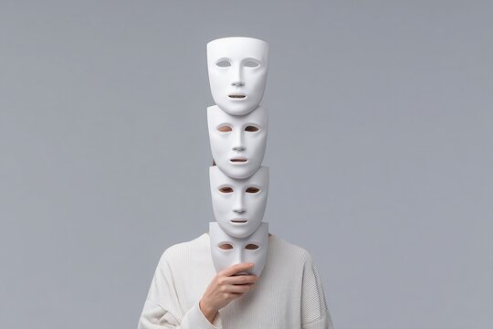 A person struggles to hold a teetering stack of social masks. This image symbolizes the exhaustion of code-switching and managing multiple identities. Ideal for sociology