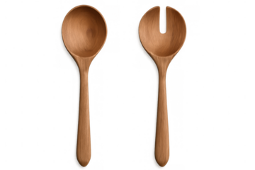Rustic wooden kitchen utensils - salad servers and cooking spoon resting against neutral transparent backdrop