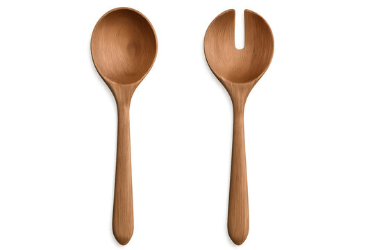 Rustic wooden kitchen utensils - salad servers and cooking spoon resting against neutral transparent backdrop