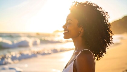 Woman smiling at sunset beach
