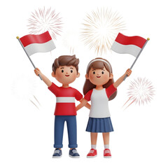 Children Celebrating with Fireworks and Flags in Night Sky