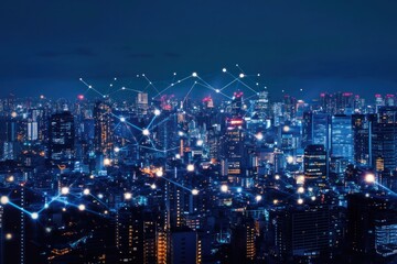 Obraz premium night cityscape with connected nodes and telecommunication overlay