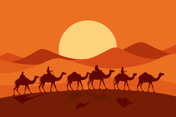 Caravan of Camels Walking Under Desert Sunset