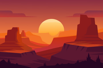 Glowing Sunset Over Rocky Canyon Cliffs and Desert
