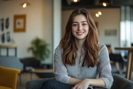 Natural light portrait of a casually dressed female professional in coworking space
