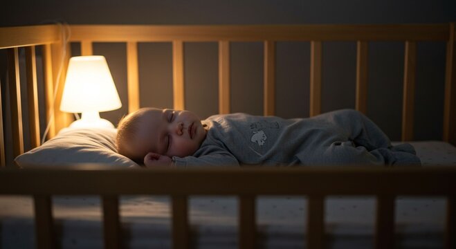 Baby sleeping in wooden crib at night