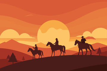 Horse Riders on Open Plains Under Sunset Sky