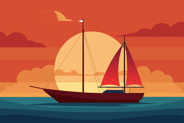 Naklejka premium Large Sailboat in the Sunset on the Sea
