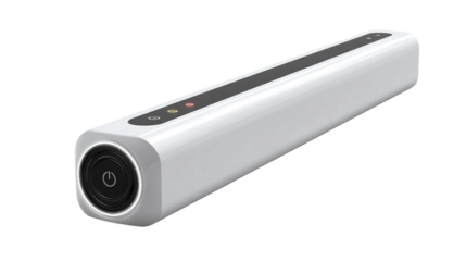A sleek, white rectangular soundbar with a power button and control icons on the top surface.