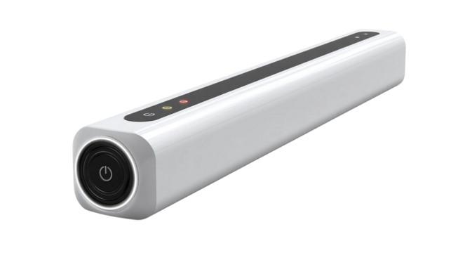 A sleek, white rectangular soundbar with a power button and control icons on the top surface.