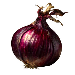 A single red onion with vibrant purple skin and dried, papery outer layers.