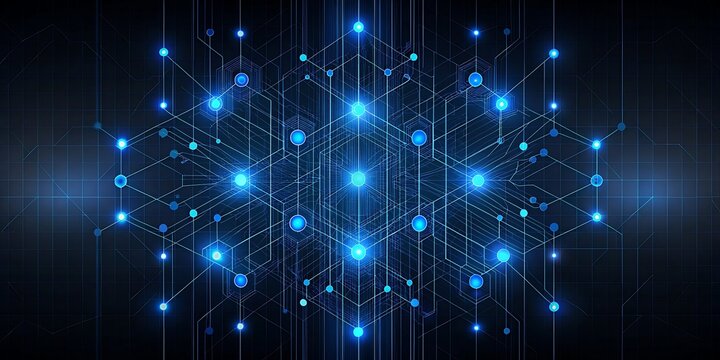 Abstract network of glowing blue nodes and lines representing data connections. - Powered by Adobe