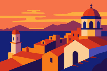 Fototapeta premium Rooftop View of a Mediterranean Town at Sunset