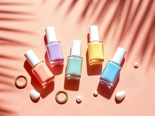 パステルカラーのネイルポリッシュとアクセサリーをピンク背景に並べたフラットレイ構成