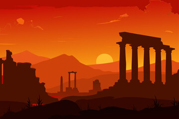 Fototapeta premium Silhouette of Ancient Ruins Under a Fiery Sky