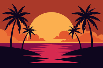 Sunset Above Tropical Lagoon With Palm Tree Silh