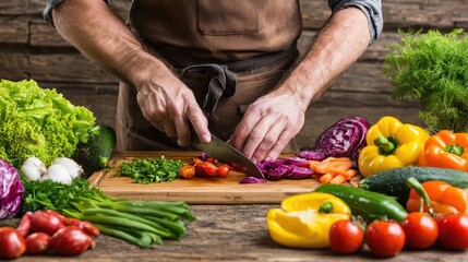 Person preparing colorful vegetables on a wooden cutting board.