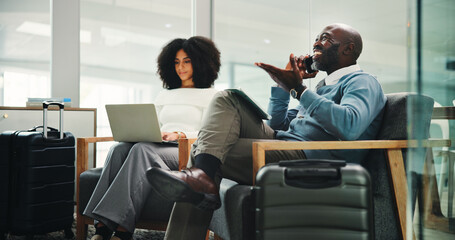Airport, happy man and phone call for business trip, communication or discussion for travel plans...