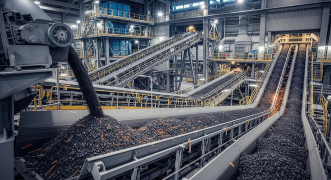 A view of a coal processing plant with conveyor belts and machinery transporting materials inside a building