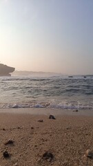 Peaceful coastal scene with sandy beach, waves, and distant cliffs under a clear sky