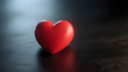 A solitary red heart placed on a dark surface, symbolizing love or emotion.