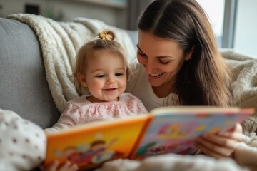 Fototapeta premium Mom reading a colorful storybook to toddler girl on cozy sofa with blankets